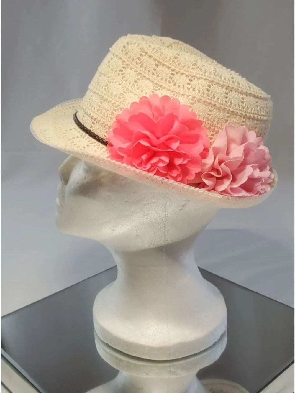 Capelli New York Kids Crochet Straw Fedora Hat Cream Summer Beach Resort OSFM